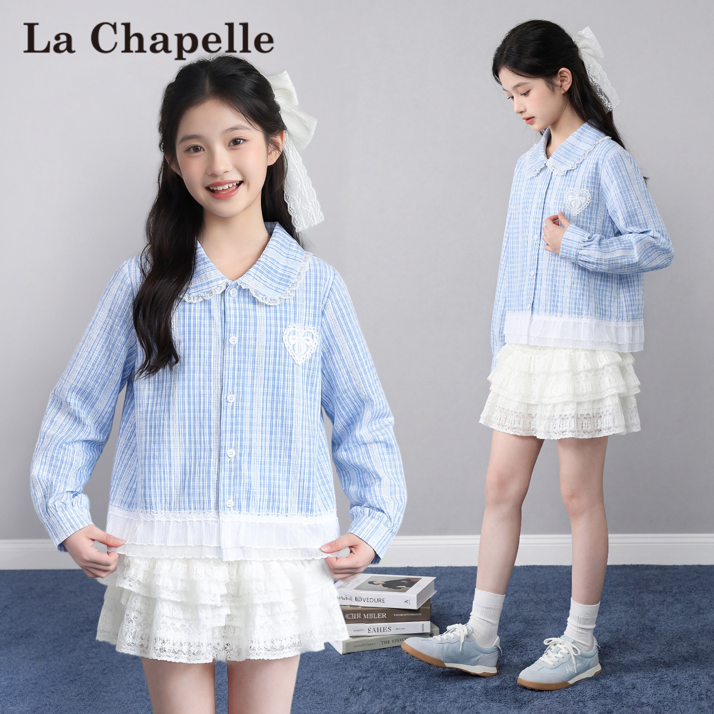 拉夏贝尔女童衬衫2026新款儿童蓝色格子衬衣洋气女孩长袖外套春秋