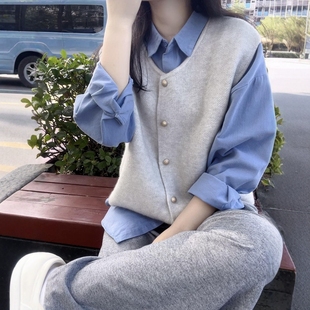 搭配针织马甲 衬衫 日韩休闲百搭叠穿上衣两件套女2026秋季 翻领长袖