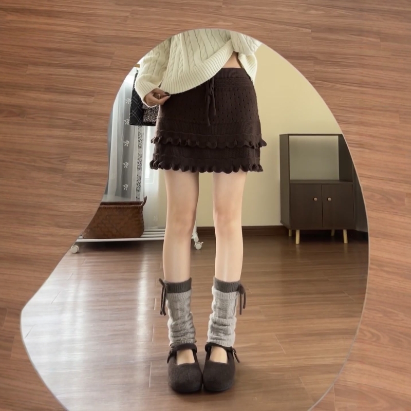 韩系ins木耳边针织半身裙a字短裙
