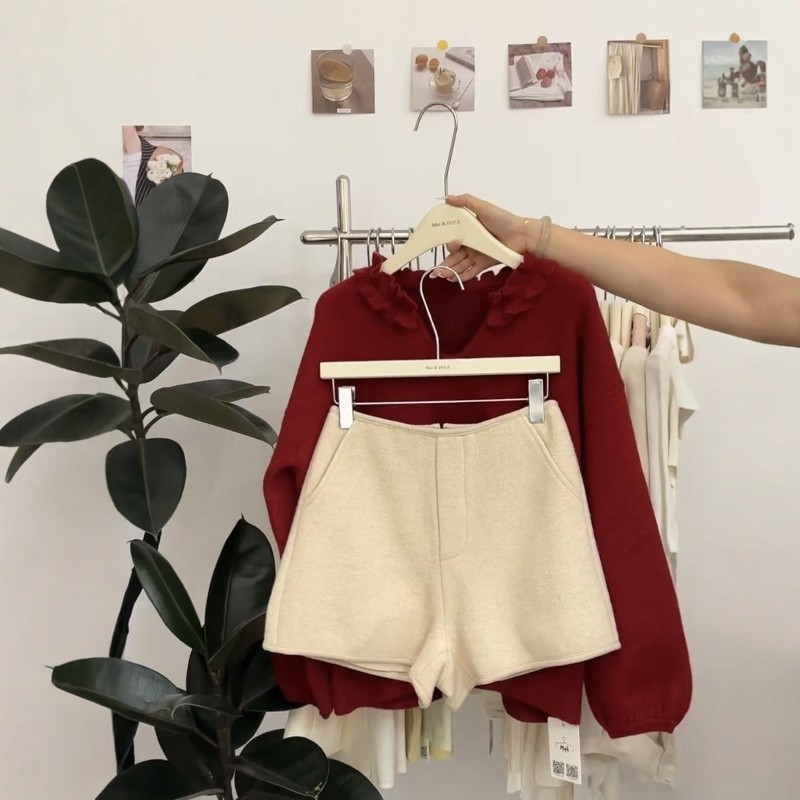 轻奢小香风毛呢短裤高腰靴裤ins