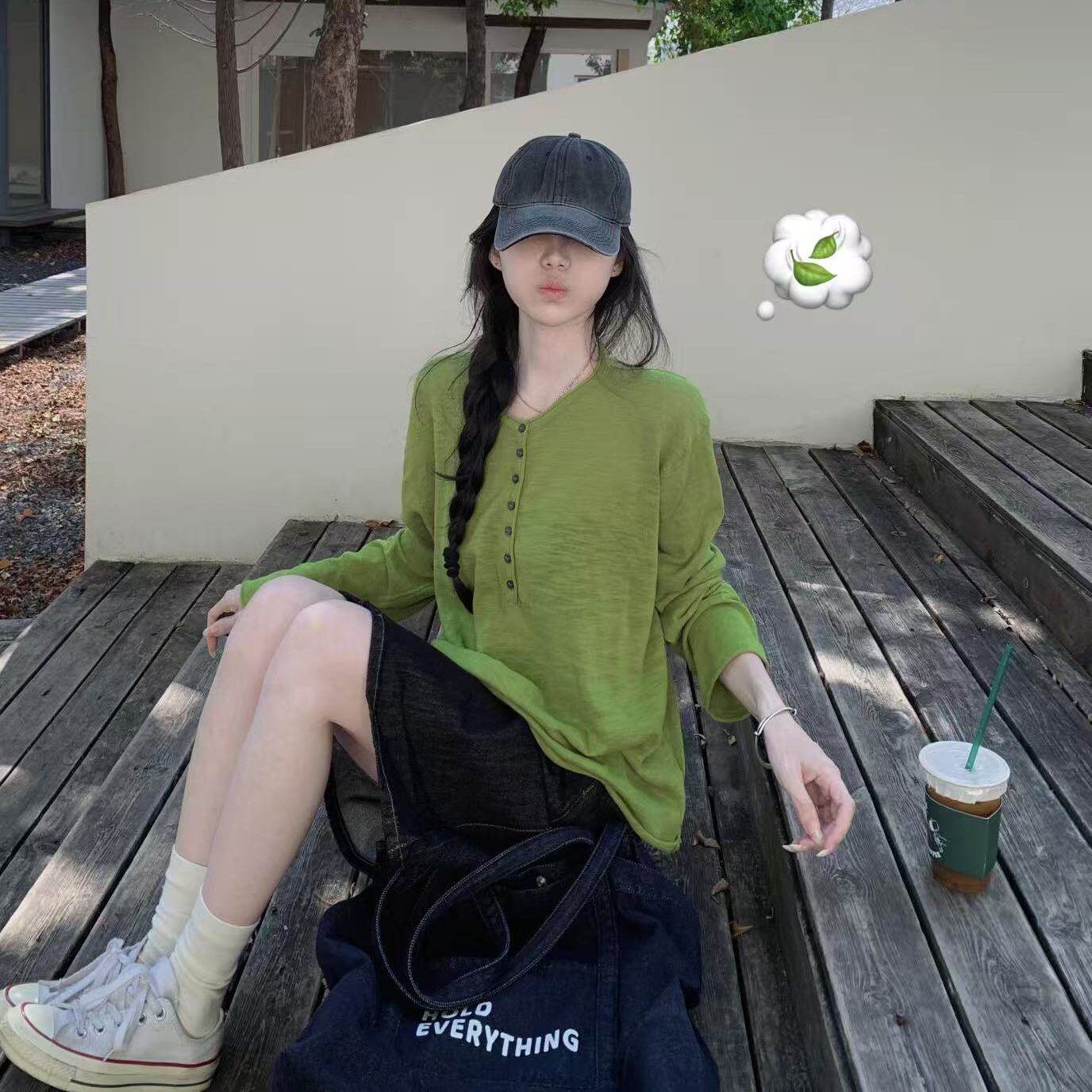 韩系清新绿色长袖针织衫女宽松慵懒百搭防晒冰丝罩衫上衣