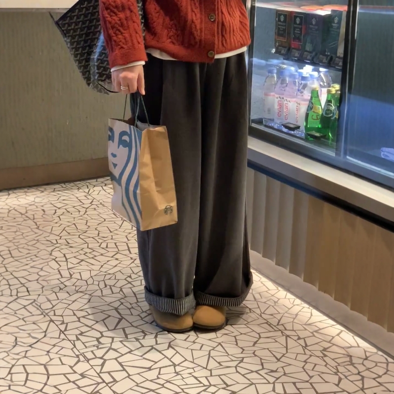 碳灰色磨毛休闲阔腿裤长裤子