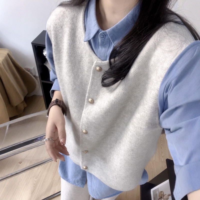 韩系质感翻领衬衫叠穿针织马甲