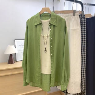 新款 外套女夏季 宽松百搭慵懒风防晒衬衣ins 亚麻显白绿色开衫 薄款