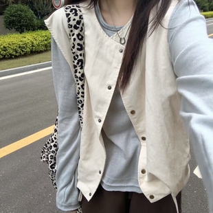 針織衫 2025年秋季 新款 淺藍色圓領長袖 坎肩馬夾外套ins女 疊穿無袖