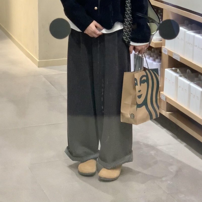 灰色卷边阔腿裤高腰遮跨直筒裤