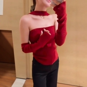 甜辣氛围感挂脖针织抹胸搭配袖 套ins2026新年生日氛围感穿搭上衣