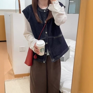 韩版 简约时尚 新款 牛仔外套女2025秋季 宽松休闲百搭坎肩马夹潮 无袖