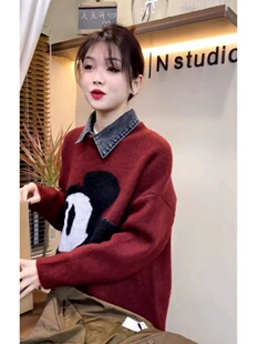 韩版复古红色套头毛衣女春秋新款卡通刺绣高级感牛仔领拼接针织衫