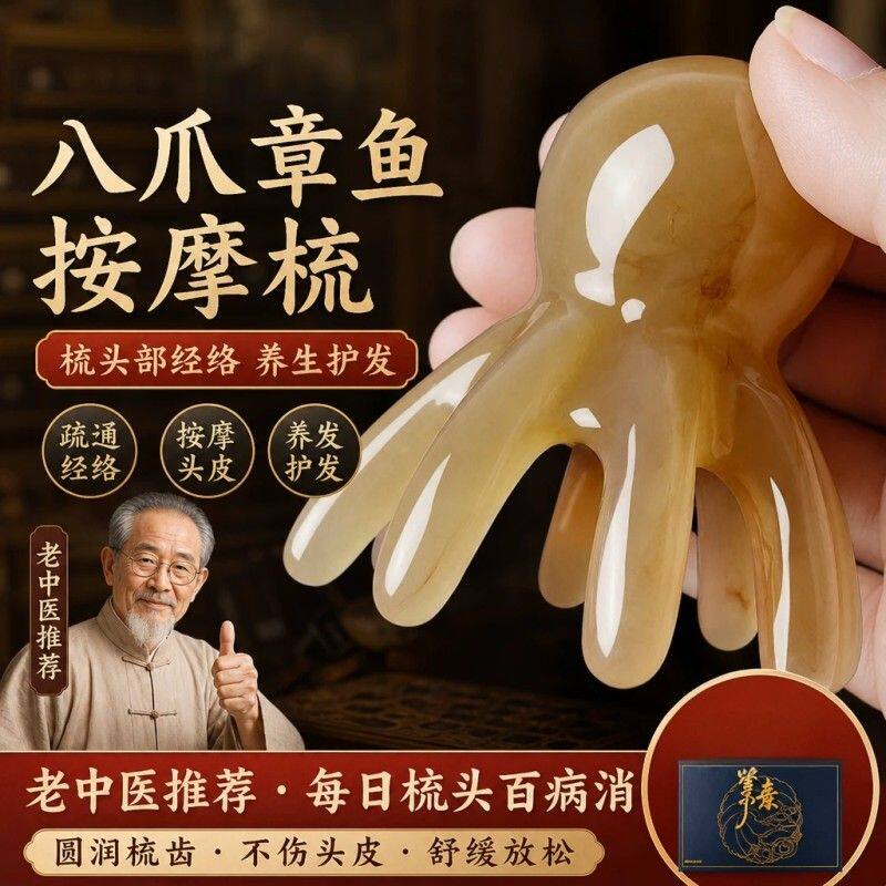 老中医推荐八爪章鱼按摩梳仿白水牛角梳头部经络梳头皮养生送礼