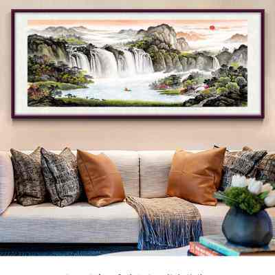 手绘流水生财国画山水画客厅办公室风水靠山字画聚宝盆背景墙挂画