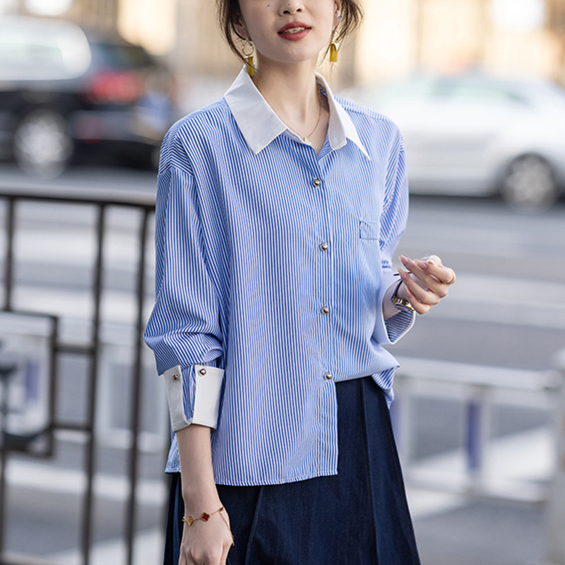 RIERA妈妈蓝色polo领条纹长袖衬衫女士春秋2025新款春装衬衣女洋