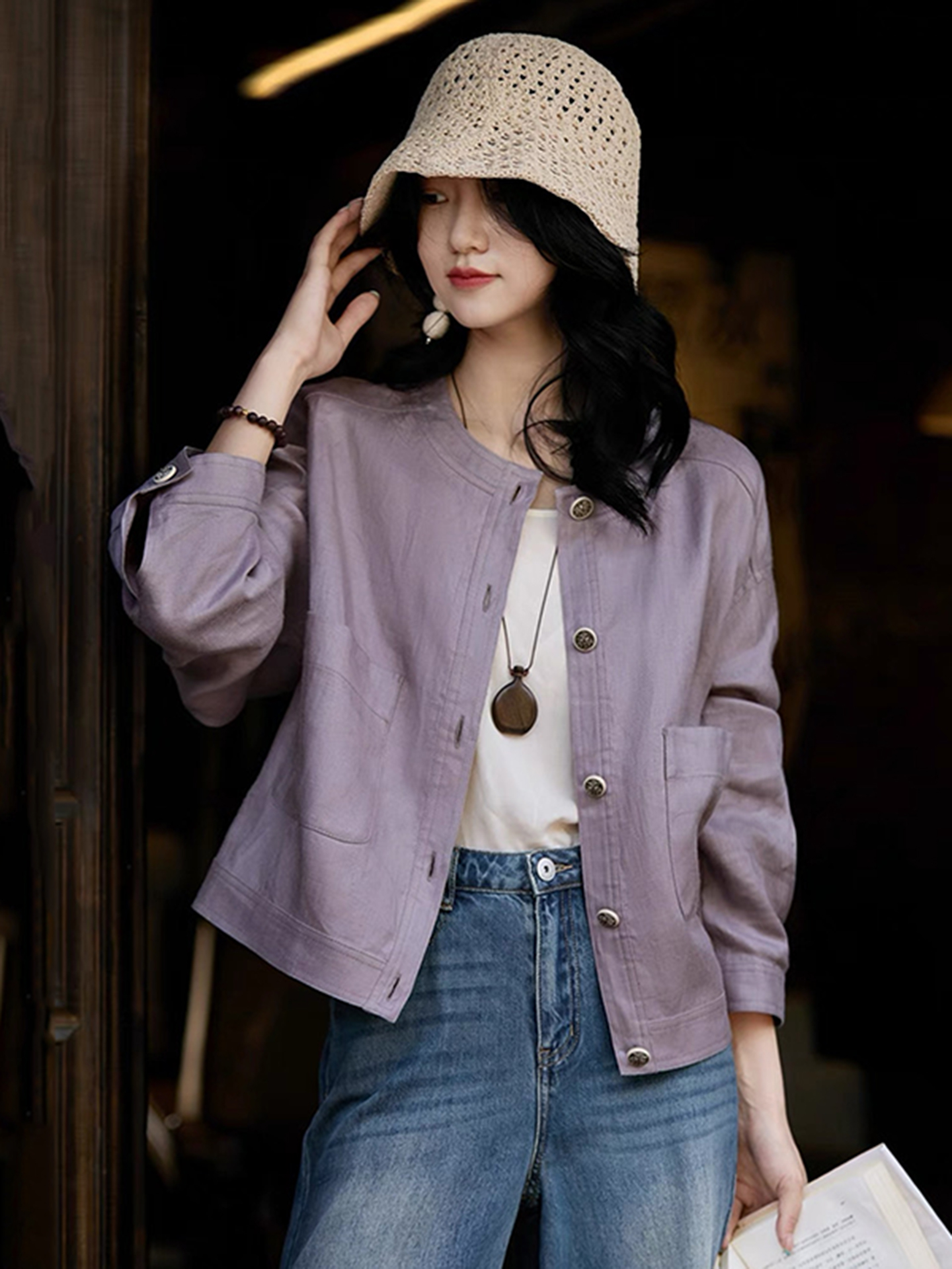早秋短款紫色苎麻夹克外套女春秋季2025新款秋装洋气女士百搭上衣