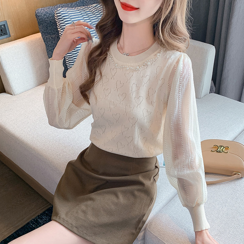 RIERA妈妈泡泡袖网纱针织打底衫女春秋2025新款春装洋气内搭女士