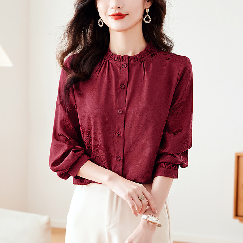 RIERA妈妈红色缎面提花长袖衬衫女士春秋2025新款早春装衬衣女洋