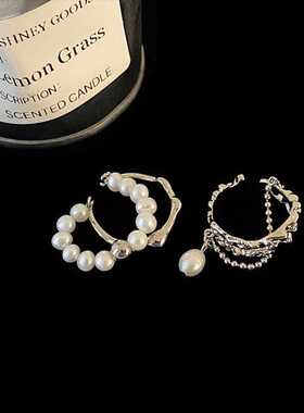 珍珠链条流苏不规则戒指金属简约