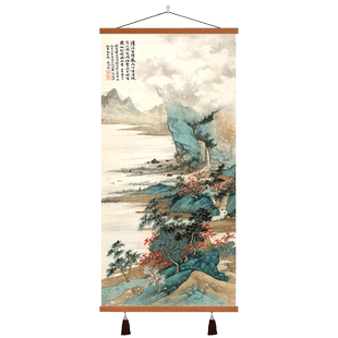 入户门玄关挂画纳福迎祥山水画古风国画竖版新中式客厅背景装饰画