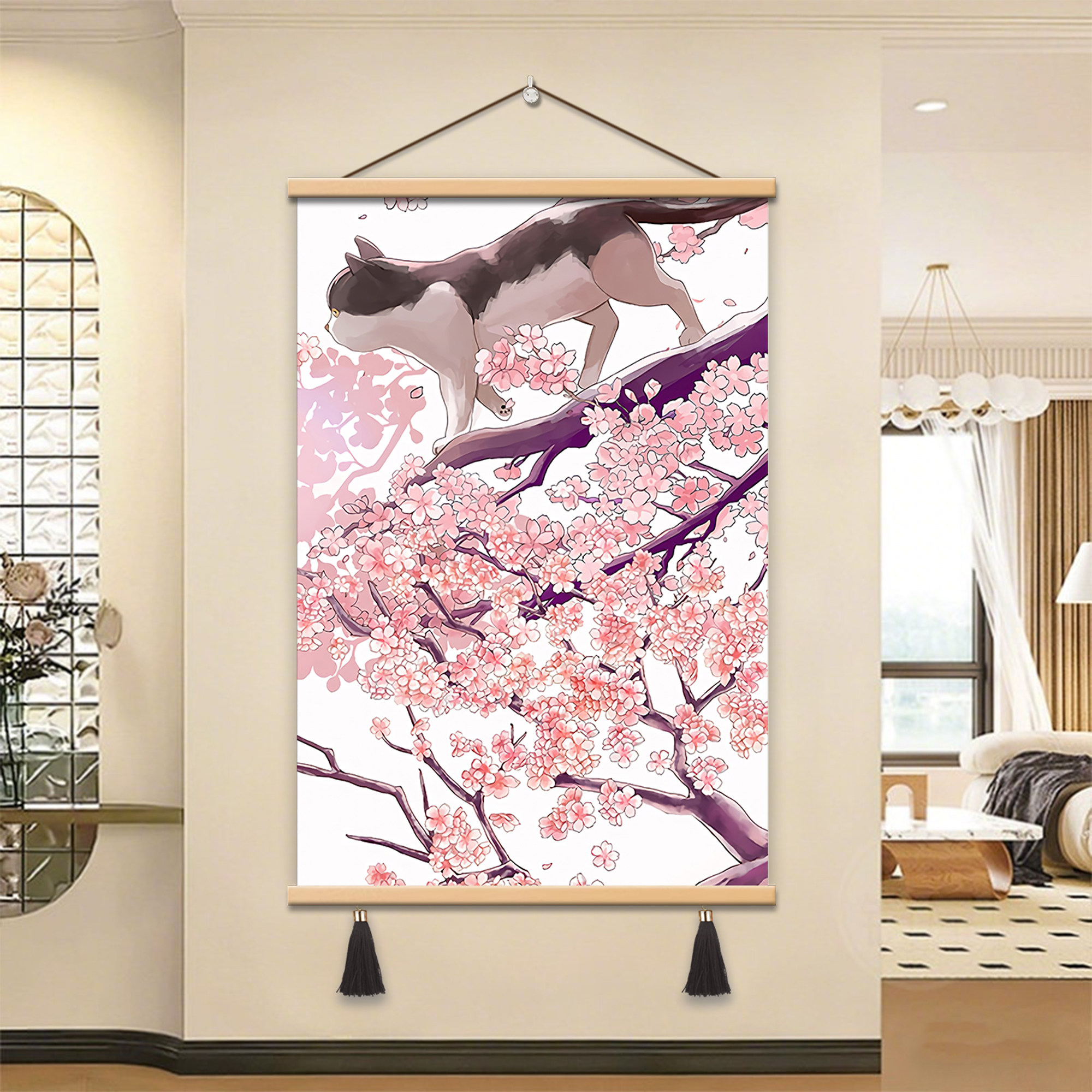 日式和风樱花猫咪挂画客厅卧室装饰画流苏挂轴悬挂玄关餐厅挂画
