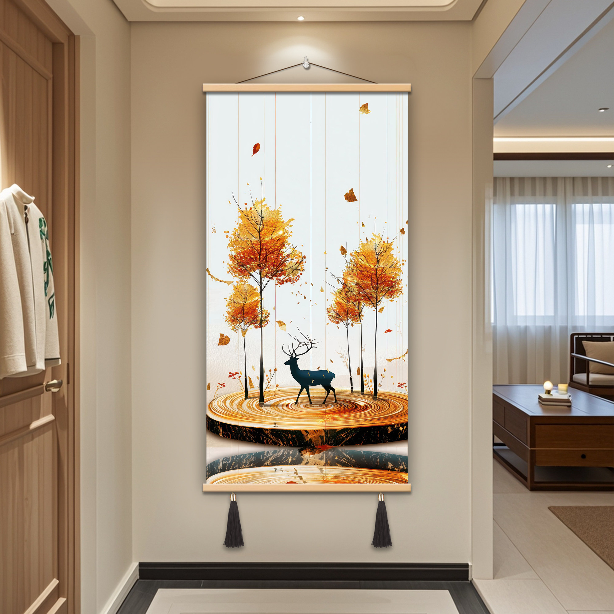 北欧风绿植鹿图案挂毯客厅卧室装饰画松木框流苏吊穗