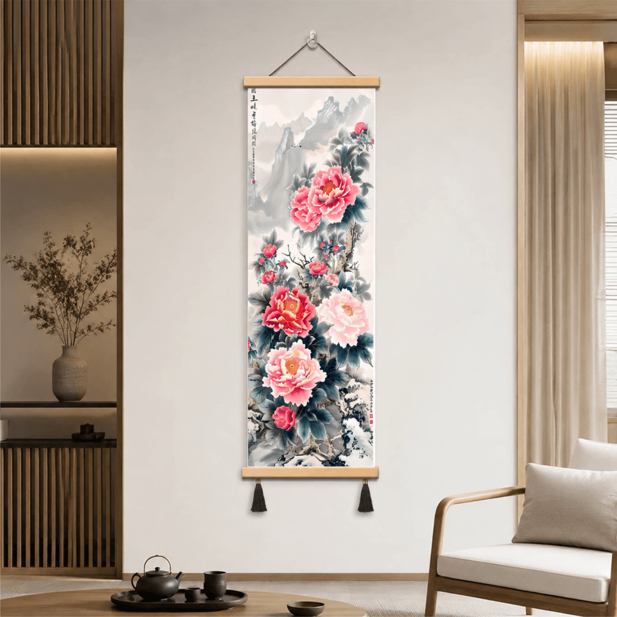 新中式轻奢水墨牡丹装饰画国画客厅玄关走廊书房餐厅竖版挂画精品