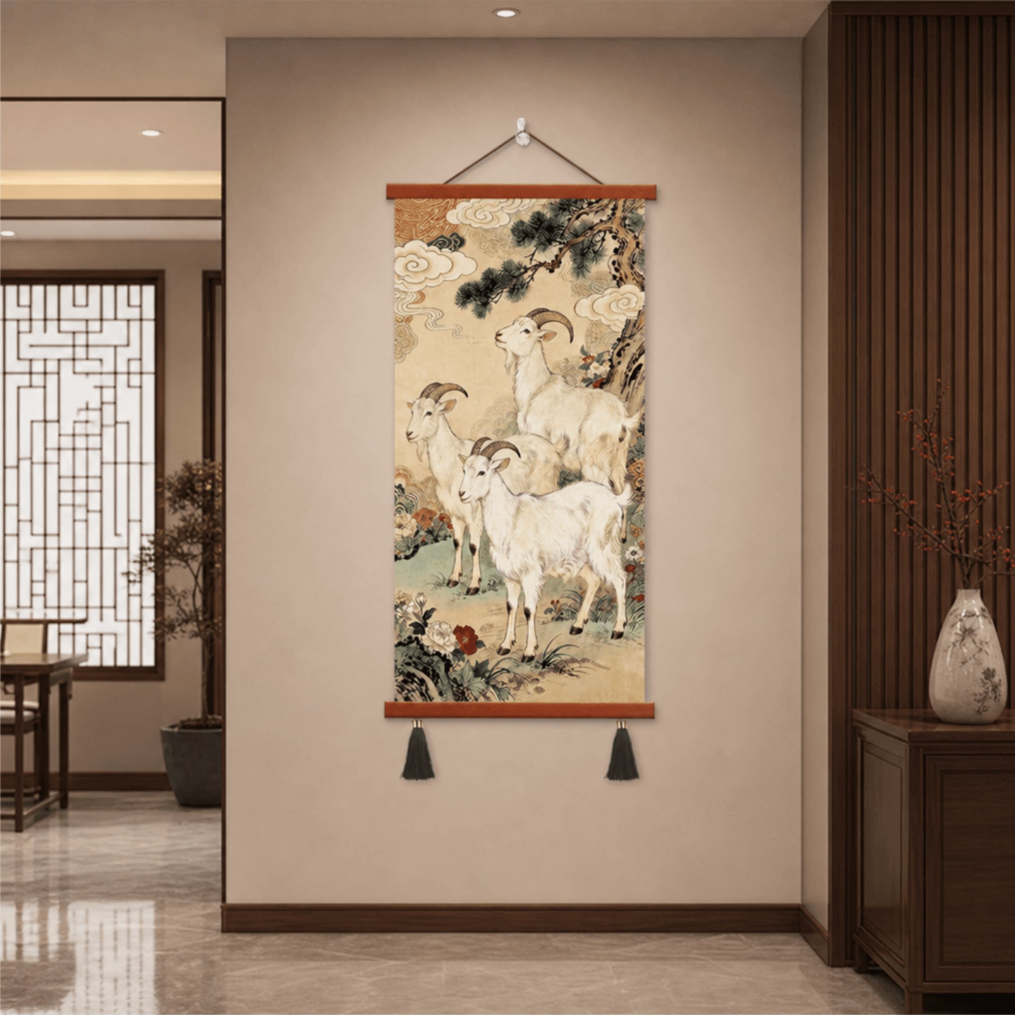 新中式玄关装饰画三羊开泰走廊过道墙面挂画客厅国风吉祥优质壁画