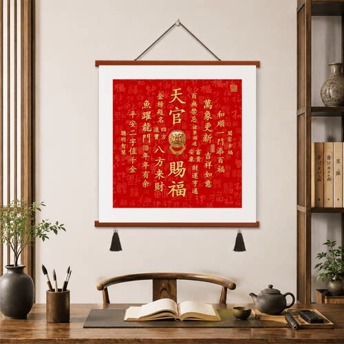 新中式书房玄关百福图天官赐福装饰画客厅招财书法挂画墙壁饰挂件