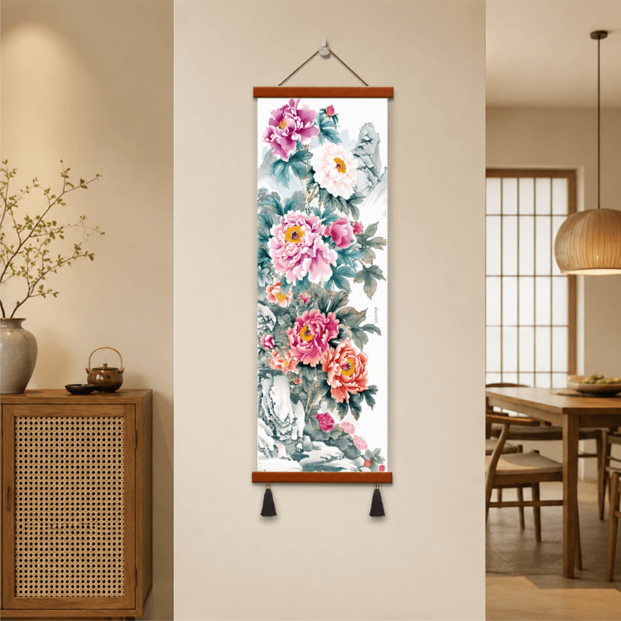 手绘精品新中式牡丹花开富贵玄关装饰画客厅餐厅走廊过道墙面挂画