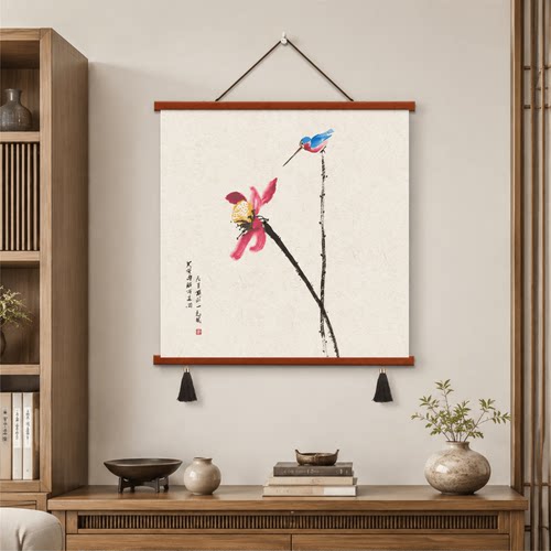 轻奢国风新中式水墨菊花瓶挂画客厅玄关餐厅茶室墙面装饰壁画