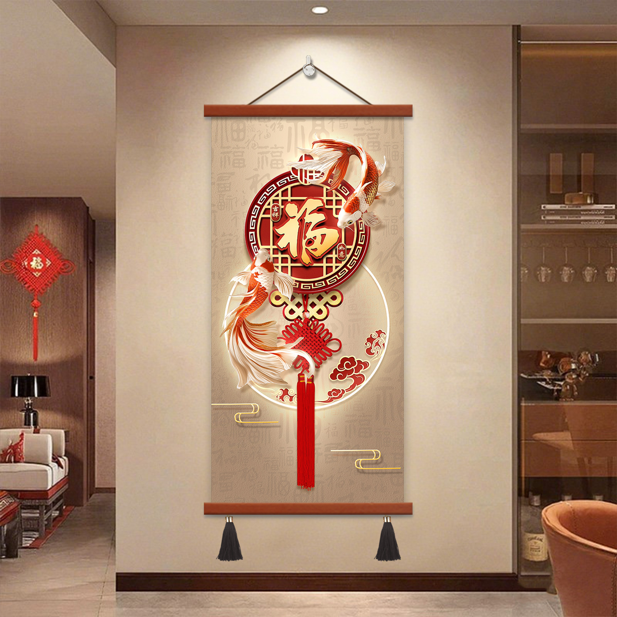 新中式福字入户门玄关装饰画寓意好锦鲤过道走廊尽头挂画旺运悬挂