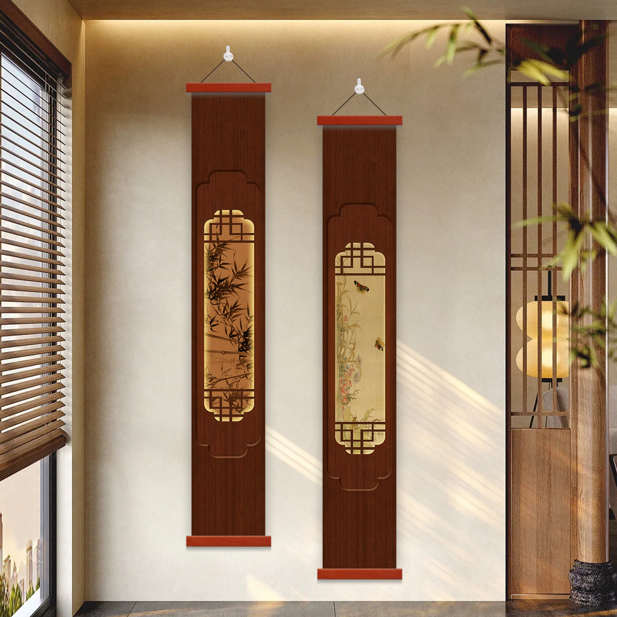 宋式古风竖版装饰画客厅走廊墙上入户门中式青山花鸟墙面布艺挂帘