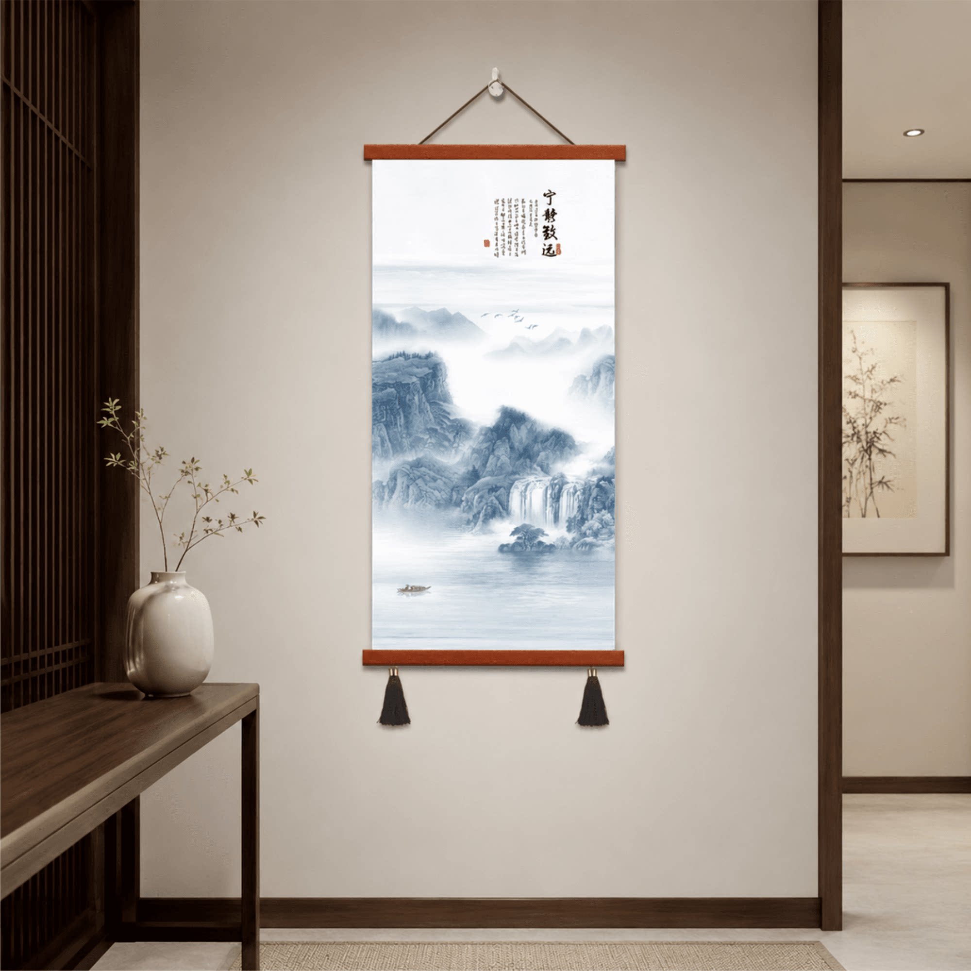 新中式宁静致远山水挂画入户玄关走廊过道书房茶室背景墙装饰壁画