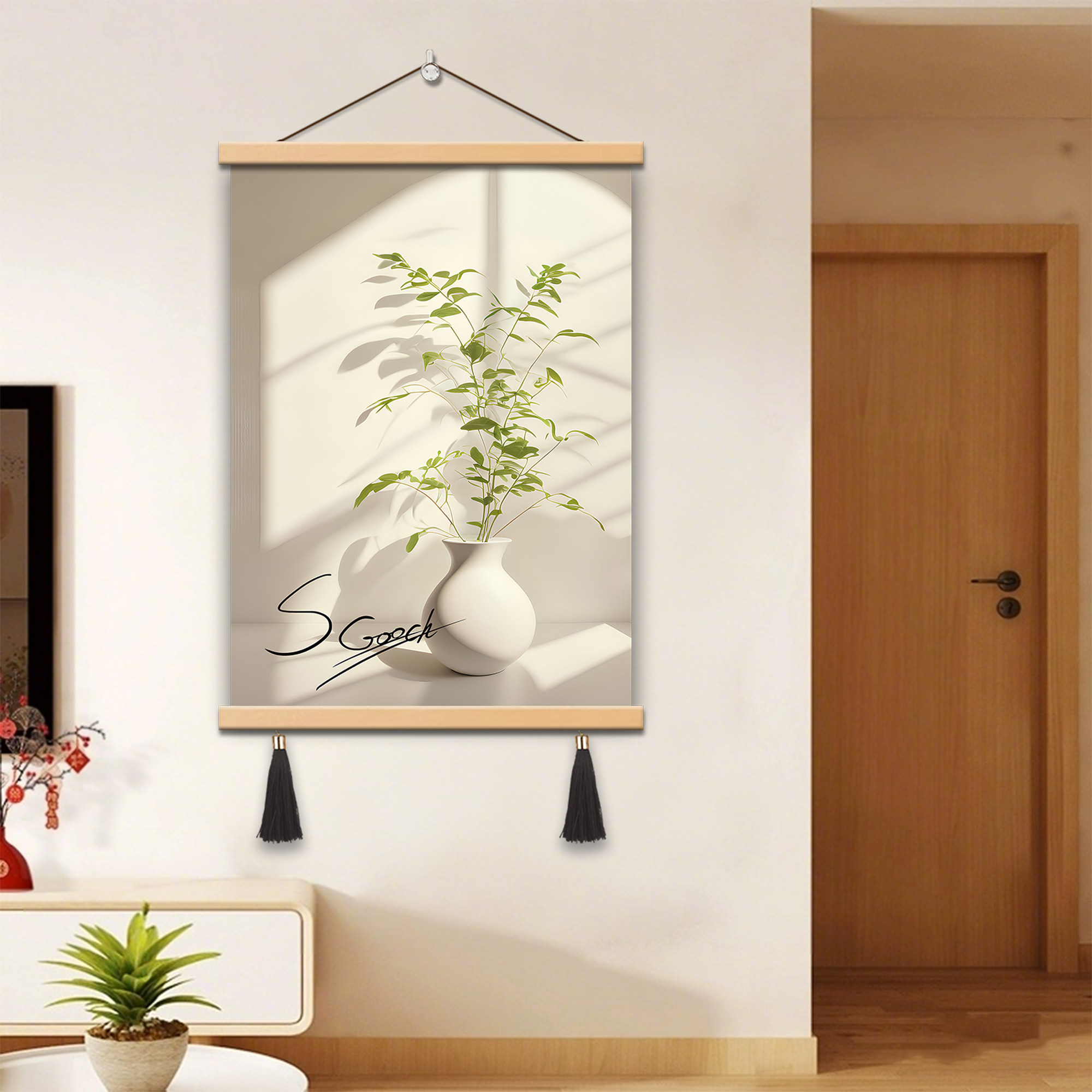 小清新绿植花瓶静物实木卷轴挂画玄关卧室装饰画客厅入户门墙布画