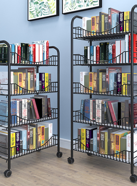 黑色书架置物架落地多层移动推车简易家用网红收纳放书房书桌架子