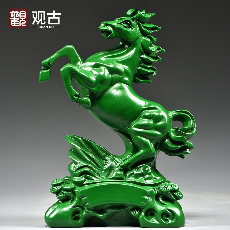 绿色木马到成功雕刻摆件家居客厅办公室实木马装饰工艺品开业送礼