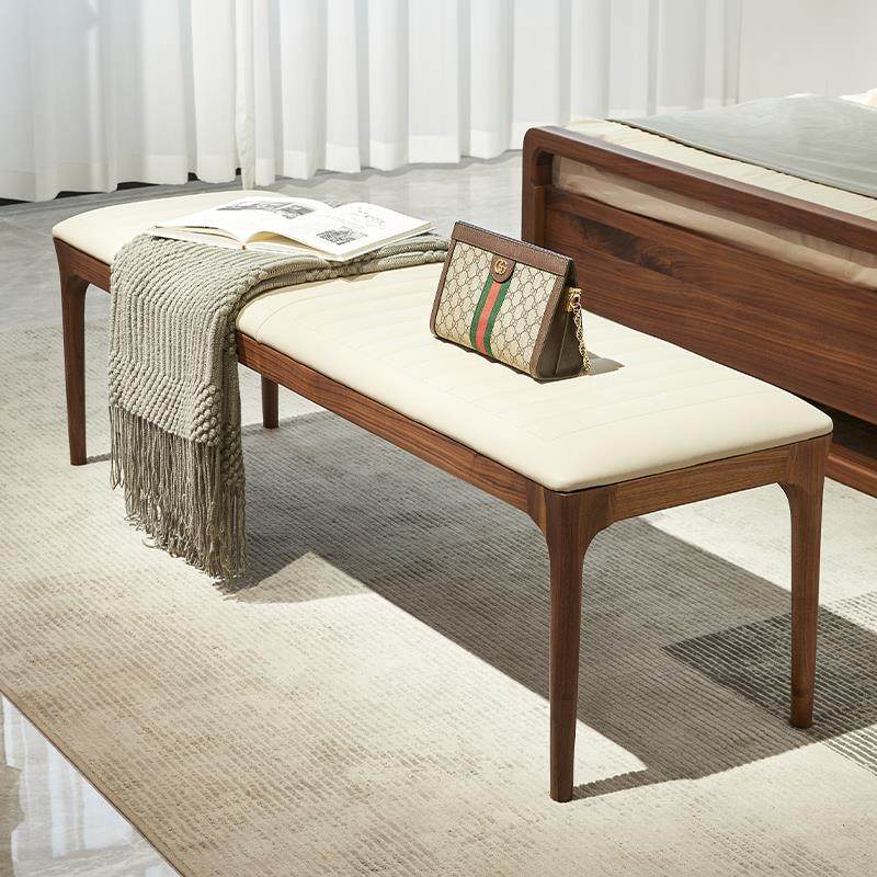 水墨兰亭北美黑胡桃实木床尾凳北欧简约床边原木软包长凳家用床榻