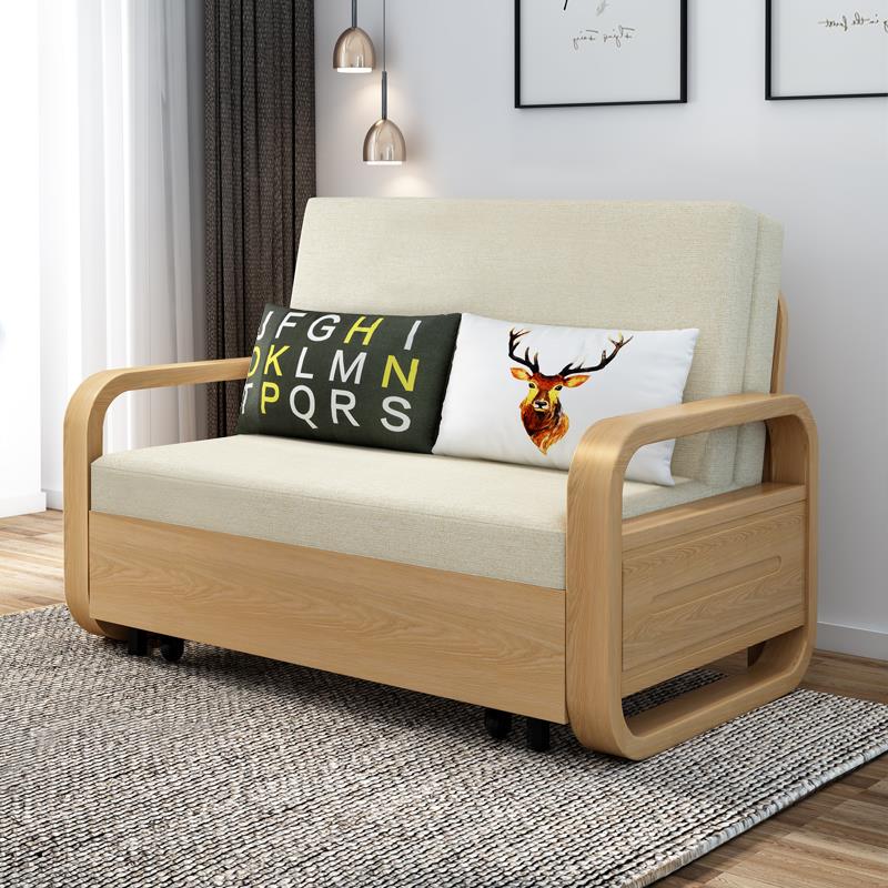实木伸缩床单人沙发床北欧可折叠90cm书房1米2网红款坐卧两用床铁