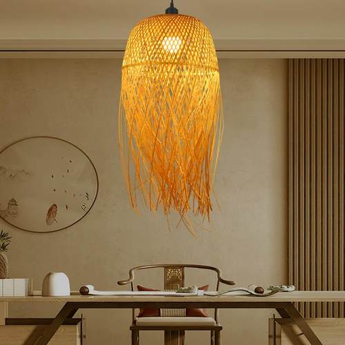 侘寂风吊灯禅意民宿设计师卧室茶室客厅竹编灯罩日式覆古竹艺灯具