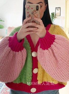 秋冬跨境亚马逊宽松拼色针织外套女 欧美风慵懒手工编织毛衣