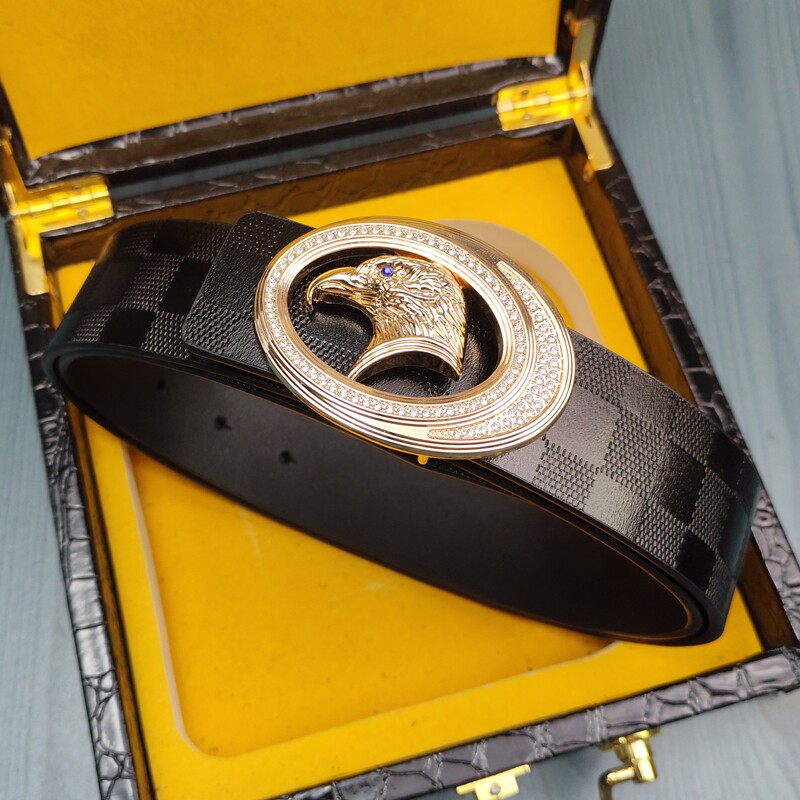 镶钻鹰扣皮带男士真皮牛皮裤腰带棋盘格青年韩版正装百搭腰带潮流