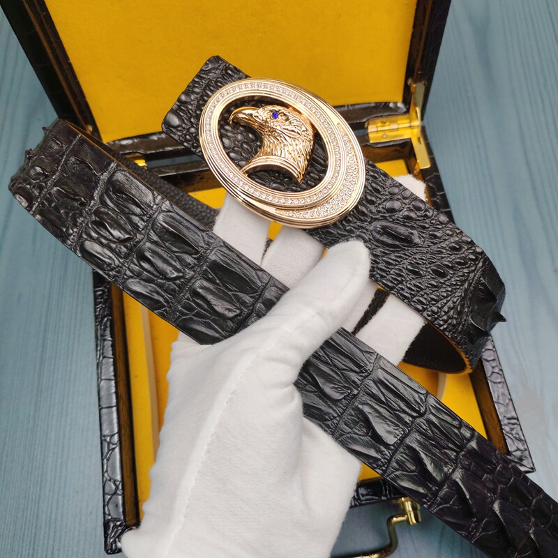 镶钻鹰扣皮带男真皮头层牛皮鳄鱼立体尾脊龙鳞鳄鱼纹打孔皮带男士