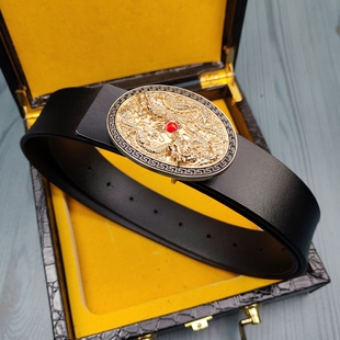 双龙戏珠皮带男头层牛皮光身平纹打孔腰带青年个性 腰带 潮流棕色裤