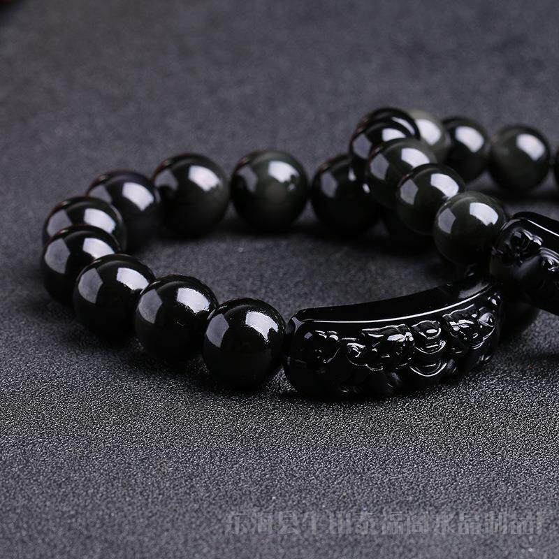 2026厂家直销天然黑曜石双貔貅手牌手链造型精美 水晶手链 保佑平