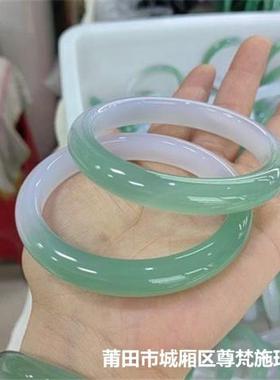 2026天然巴西半山水玛瑙手镯半油青玉髓手镯正圈白色半山半水女款