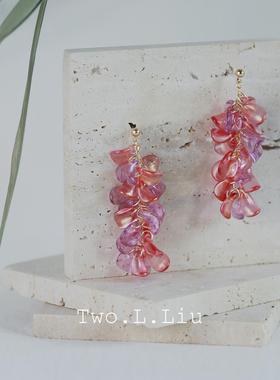 2026Two.L.Liu 粉紫色耳环女流苏花瓣琉璃耳夹覆古新中式个性气质