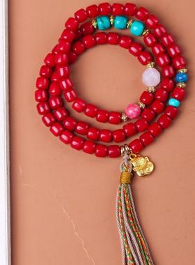 2026原生态红色天然菩提子古风小众手持手串女款挂脖菩提佛珠手链