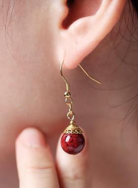 2026银镀金朱砂耳钉本命年运转红色紫金砂圆珠简约百搭耳坠耳饰女