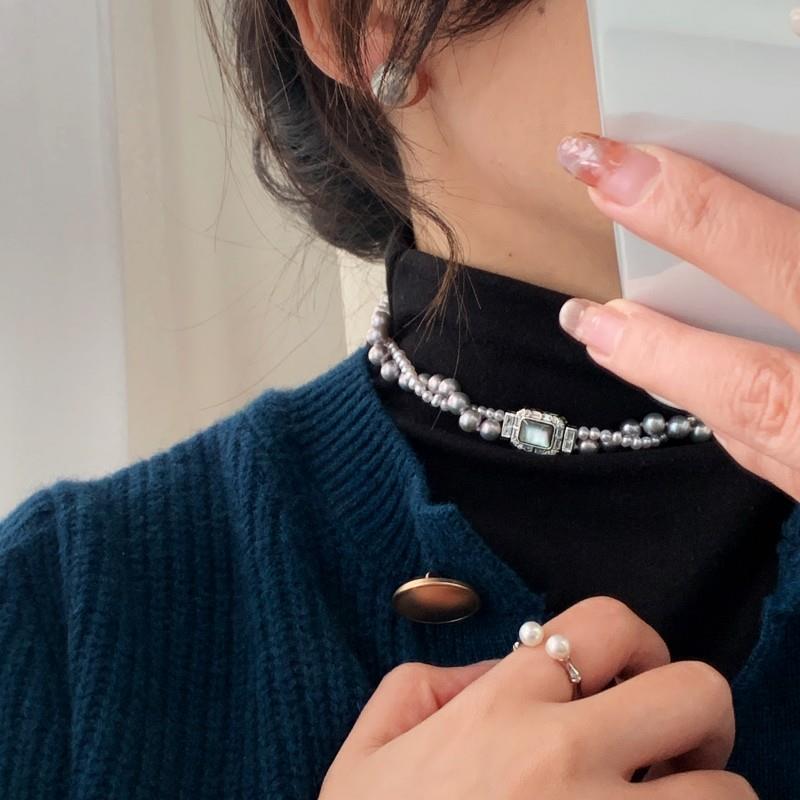 2026《灰白往事》大小双层天然无核珍珠项链真多麻色高级感锁骨链