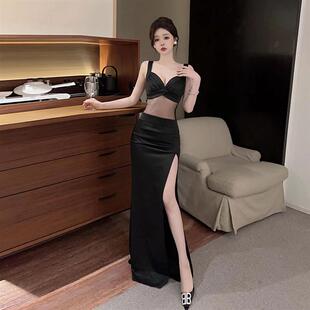 高级感黑色V领透视网纱礼服裙御姐性感高腰开叉车模走秀连衣裙女