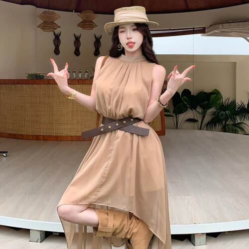 小香风气质雪纺不规则飘带收腰连衣裙女夏季新款设计感无袖长裙子