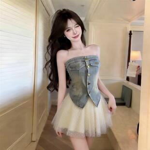 性感辣妹复古牛仔单排扣收腰抹胸上衣+波点蓬蓬A字半身纱裙两件套